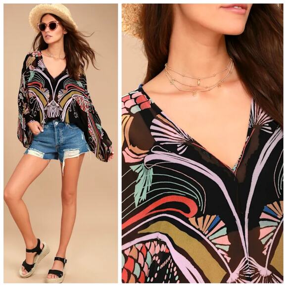 Free People Beneath the Sea Boho Black Print Crop Top sz M - Picture 1 of 13